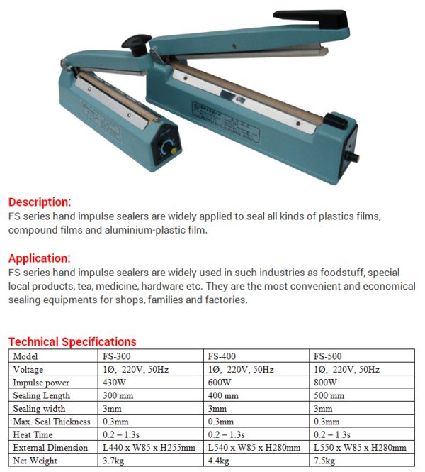 Heat Sealers, Bag Sealers, Poly Bag Impulse Sealers PFS - 300 For PP/PE Bags Seal Size 300mm - Image 2